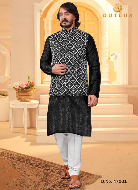 Black Colour New Exclusive Wear Art Silk Jacquard Print Kurta Pajama With Jacket Mens Collection 47001